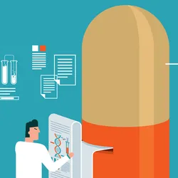 An orange and yellow pill with a cartoon figure and DNA analysis.