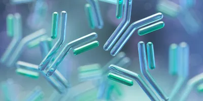 Illustration of translucent Y-shaped antibodies floating in a soft blue and green background, representing antibody research, development, and biomedical science.