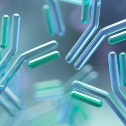 Illustration of translucent Y-shaped antibodies floating in a soft blue and green background, representing antibody research, development, and biomedical science.