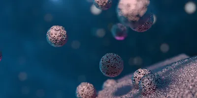 Close-up 3D rendering of small extracellular vesicles budding from a cell membrane and floating through a fluid environment against a blue background.