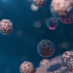 Close-up 3D rendering of small extracellular vesicles budding from a cell membrane and floating through a fluid environment against a blue background.