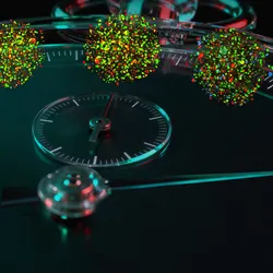 A conceptual scientific illustration featuring a close-up of a dark metallic pocket watch or stopwatch face to symbolize time-lapse analysis.