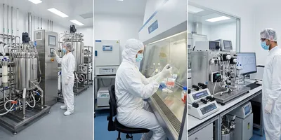 Three side-by-side manufacturing environments showing a viral vector production suite, an autologous cell therapy cleanroom, and an mRNA LNP manufacturing line representing the three distinct manufacturing paradigms in advanced therapy production.