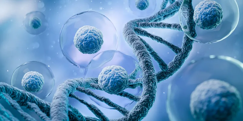 Illustration of DNA and cells, symbolizing in vivo CAR T therapies.