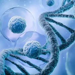 Illustration of DNA and cells, symbolizing in vivo CAR T therapies.
