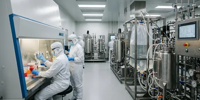 A GMP viral vector manufacturing suite with bioreactors, single-use production systems, and gowned operators at biosafety cabinets.