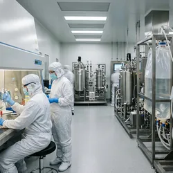 A GMP viral vector manufacturing suite with bioreactors, single-use production systems, and gowned operators at biosafety cabinets.