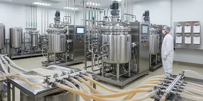 A GMP E. coli fermentation suite with stainless steel bioreactors, automated controls, and process monitoring equipment for pharmaceutical plasmid DNA production.