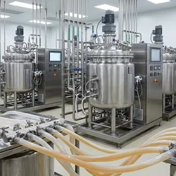 A GMP E. coli fermentation suite with stainless steel bioreactors, automated controls, and process monitoring equipment for pharmaceutical plasmid DNA production.