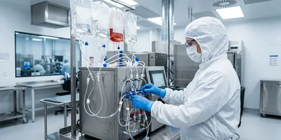 Lab technician operating closed-system automation for cell therapy