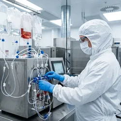 Lab technician operating closed-system automation for cell therapy
