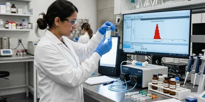 A scientist holds a vial of lipid nanoparticle suspension with dynamic light scattering particle size data visible on a screen in the background, in a biopharmaceutical formulation laboratory.