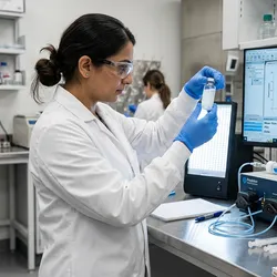 A scientist holds a vial of lipid nanoparticle suspension with dynamic light scattering particle size data visible on a screen in the background, in a biopharmaceutical formulation laboratory.