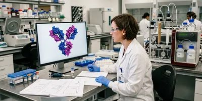 A researcher reviews a bispecific antibody molecular structure rendering on a monitor, with chromatography purification traces and protein analysis results visible on the laboratory bench.