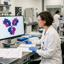 A researcher reviews a bispecific antibody molecular structure rendering on a monitor, with chromatography purification traces and protein analysis results visible on the laboratory bench.