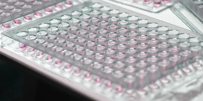 Close-up of multiple transparent multiwell plates arranged on a laboratory bench for high-throughput biological screening. 
