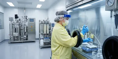 A specialist in protective equipment operates inside a negative-pressure isolator for ADC conjugation chemistry in a GMP setting, with antibody production equipment visible in the background.