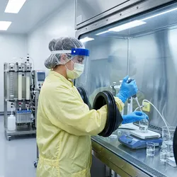 A specialist in protective equipment operates inside a negative-pressure isolator for ADC conjugation chemistry in a GMP setting, with antibody production equipment visible in the background.