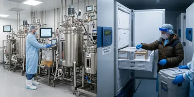 Split image showing an AAV bioreactor manufacturing suite on the left and a minus-80-degree lentiviral vector cold storage facility on the right, illustrating the different infrastructure requirements of each vector platform.