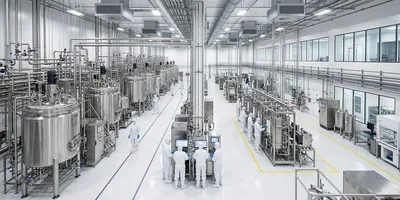 Interior of a large-scale GMP biopharmaceutical manufacturing facility with stainless steel bioreactors, downstream processing equipment, and cleanroom-gowned operators at workstations.