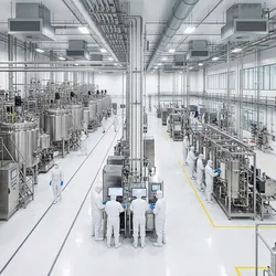Interior of a large-scale GMP biopharmaceutical manufacturing facility with stainless steel bioreactors, downstream processing equipment, and cleanroom-gowned operators at workstations.