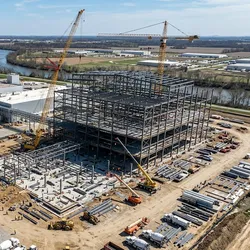 Aerial photograph of a pharmaceutical GMP manufacturing facility under construction, with steel framing of the new building visible beside a completed existing facility.