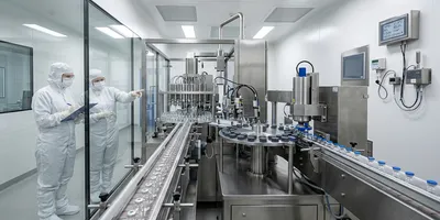 An automated vial-filling line operating in an ISO 5 pharmaceutical cleanroom, with gowned operators monitoring the process through cleanroom glass and glass vials on a conveyor being filled and stoppered.