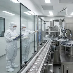 An automated vial-filling line operating in an ISO 5 pharmaceutical cleanroom, with gowned operators monitoring the process through cleanroom glass and glass vials on a conveyor being filled and stoppered.