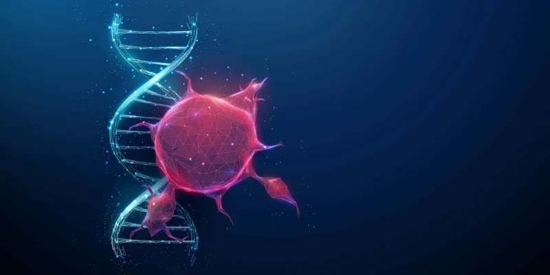A digitized rendering of a red cancer cell overlapping on a blue DNA helix.