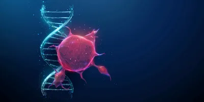 A digitized rendering of a red cancer cell overlapping on a blue DNA helix.