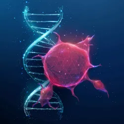 A digitized rendering of a red cancer cell overlapping on a blue DNA helix.