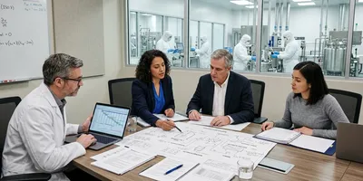 A project manager and scientist reviewing technical documents and process flow diagrams with CDMO representatives across a conference table, with pharmaceutical cleanroom windows visible in the background.
