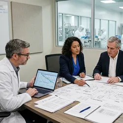 A project manager and scientist reviewing technical documents and process flow diagrams with CDMO representatives across a conference table, with pharmaceutical cleanroom windows visible in the background.