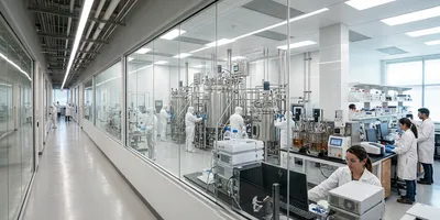 Interior of an integrated CDMO facility showing a continuous workflow from process development laboratories through a corridor into a GMP manufacturing suite with production bioreactors.
