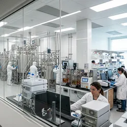 Interior of an integrated CDMO facility showing a continuous workflow from process development laboratories through a corridor into a GMP manufacturing suite with production bioreactors.