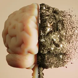 A 3D image of a human brain with one side appearing healthy and the other side disintegrating.