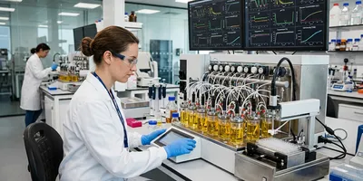 A bioengineer operating miniaturized high-throughput parallel bioreactor systems in a bioprocess development laboratory, with real-time process control data visible on screens in the background.