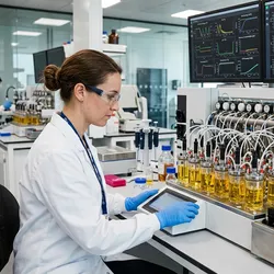 A bioengineer operating miniaturized high-throughput parallel bioreactor systems in a bioprocess development laboratory, with real-time process control data visible on screens in the background.