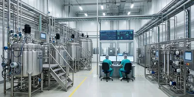 A Pharma 4.0 biopharmaceutical manufacturing facility showing bioreactors with integrated PAT sensors, automated chromatography skids, and operators at a central control workstation viewing real-time process dashboards.