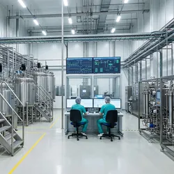 A Pharma 4.0 biopharmaceutical manufacturing facility showing bioreactors with integrated PAT sensors, automated chromatography skids, and operators at a central control workstation viewing real-time process dashboards.