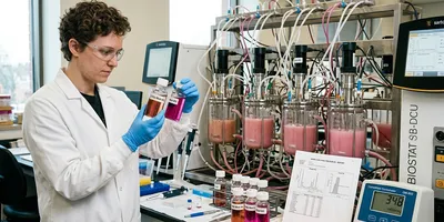 A cell culture scientist examining media formulation vials in a bioprocess development laboratory, with small-scale bioreactors running in the background and amino acid analysis data visible on the workbench.