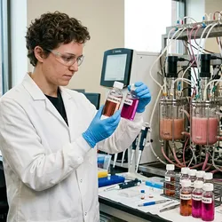 A cell culture scientist examining media formulation vials in a bioprocess development laboratory, with small-scale bioreactors running in the background and amino acid analysis data visible on the workbench.