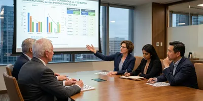 An executive team reviewing a cost-per-gram financial comparison chart in a pharmaceutical manufacturing strategy meeting, evaluating continuous versus fed-batch manufacturing economics.