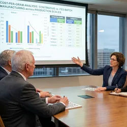 An executive team reviewing a cost-per-gram financial comparison chart in a pharmaceutical manufacturing strategy meeting, evaluating continuous versus fed-batch manufacturing economics.