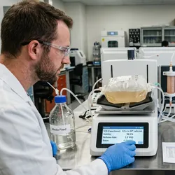 A bioprocess engineer monitoring a single-use rocking bioreactor running an N-1 perfusion culture with ATF cell retention system and real-time capacitance-based cell density monitoring visible on the control display.