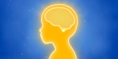 A blue background with a yellow profile outline of a child with a yellow brain inside their head.
