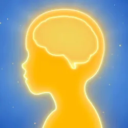 A blue background with a yellow profile outline of a child with a yellow brain inside their head.