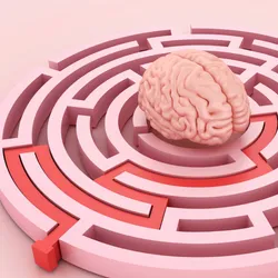 3D Brain within a Maze, with a red line leading to the exit