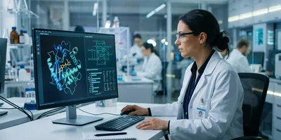 Drug discovery scientist reviewing an AI-generated molecular structure and target pathway on screen, illustrating AI across the drug discovery pipeline