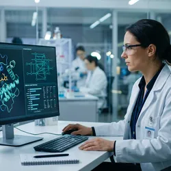 Drug discovery scientist reviewing an AI-generated molecular structure and target pathway on screen, illustrating AI across the drug discovery pipeline